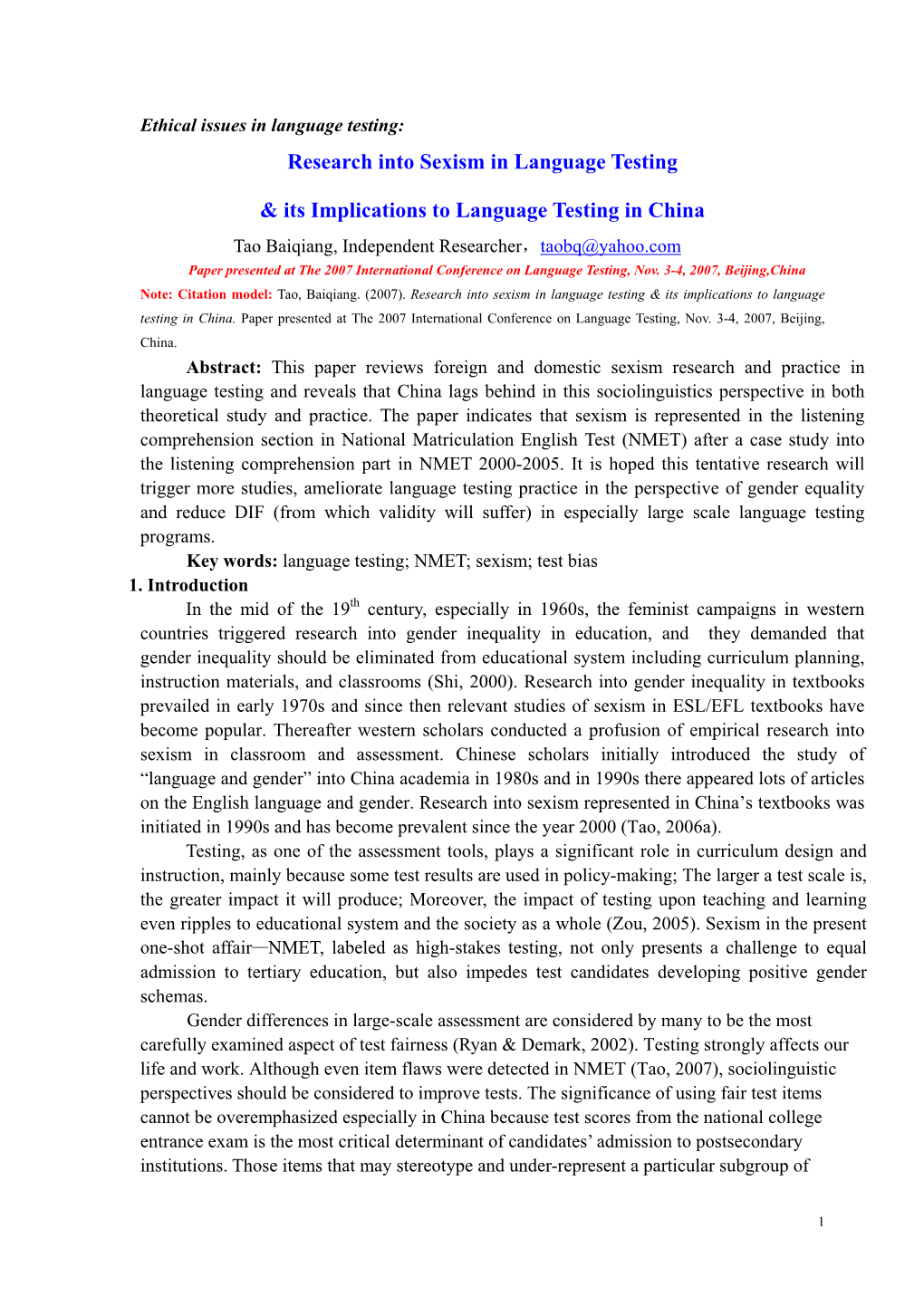 Research Into Sexism in Language Testing & Its Implications To