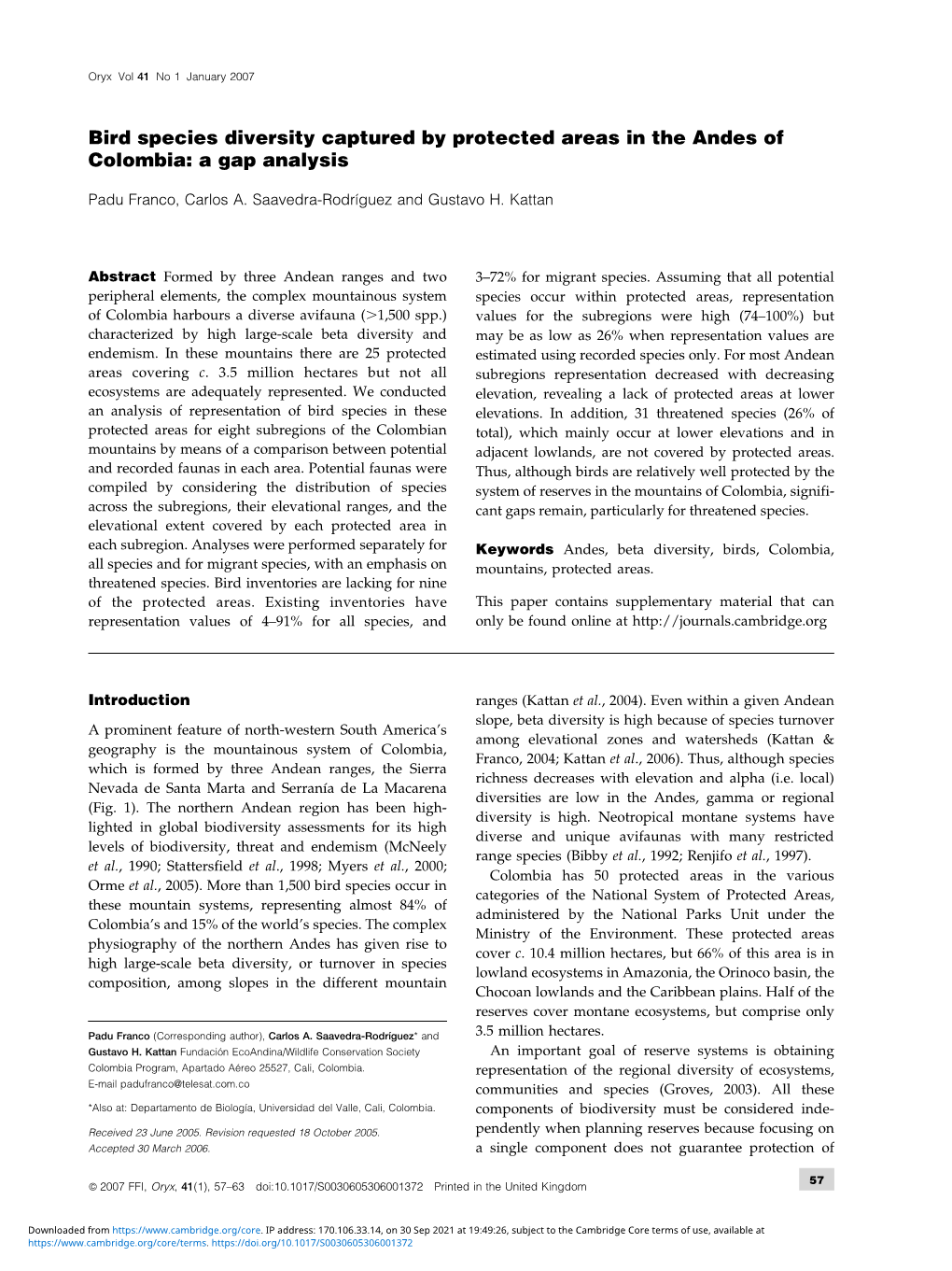 Bird Species Diversity Captured by Protected Areas in the Andes of Colombia: a Gap Analysis