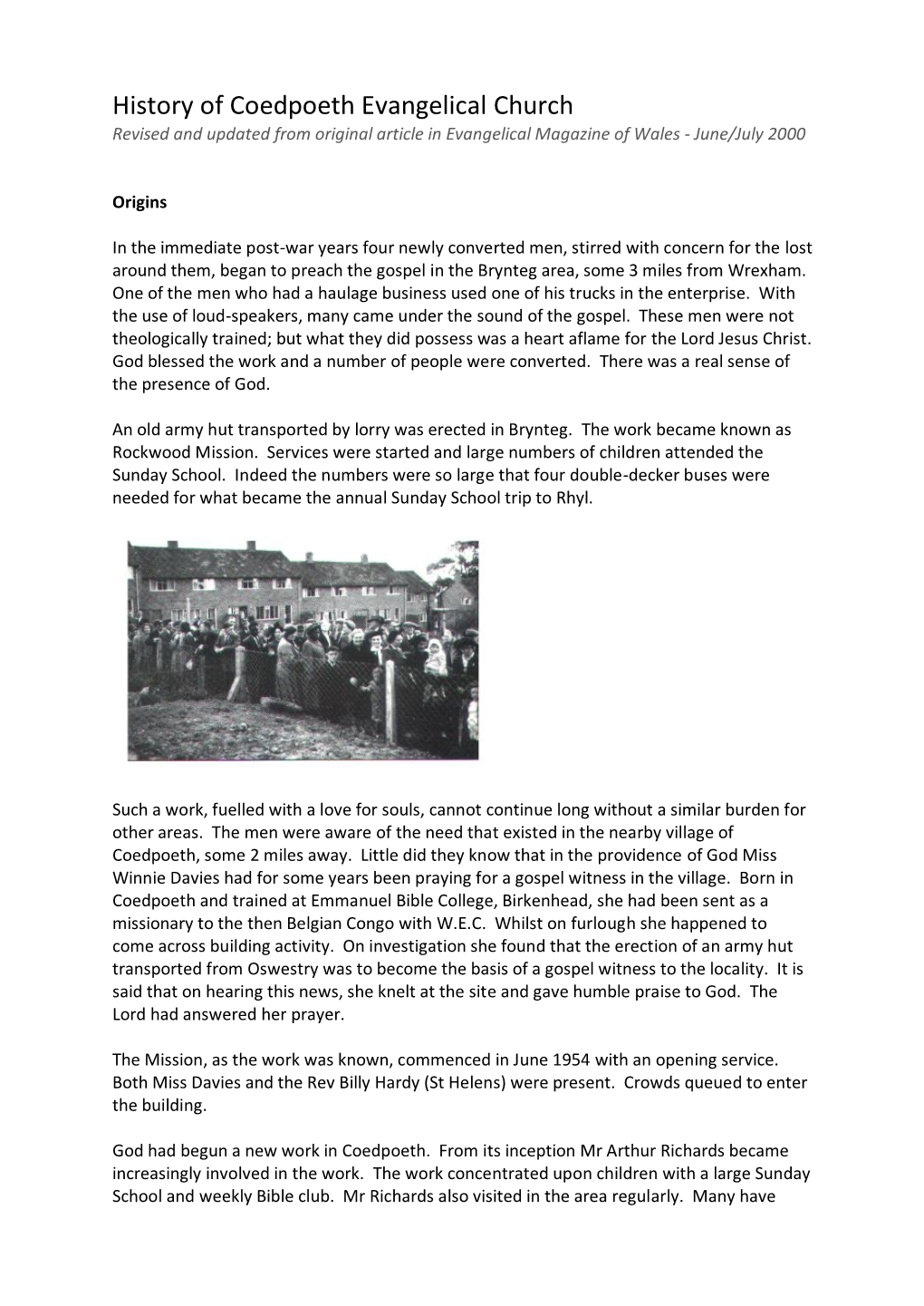 History of Coedpoeth Evangelical Church Revised and Updated from Original Article in Evangelical Magazine of Wales - June/July 2000