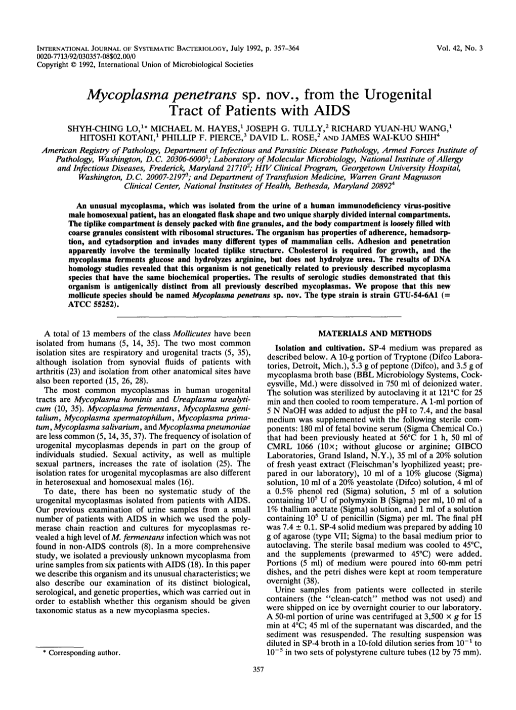 Mycoplasma Penetrans Sp. Nov. from the Urogenital Tract of Patients with AIDS SHYH-CHING LO,'* MICHAEL M