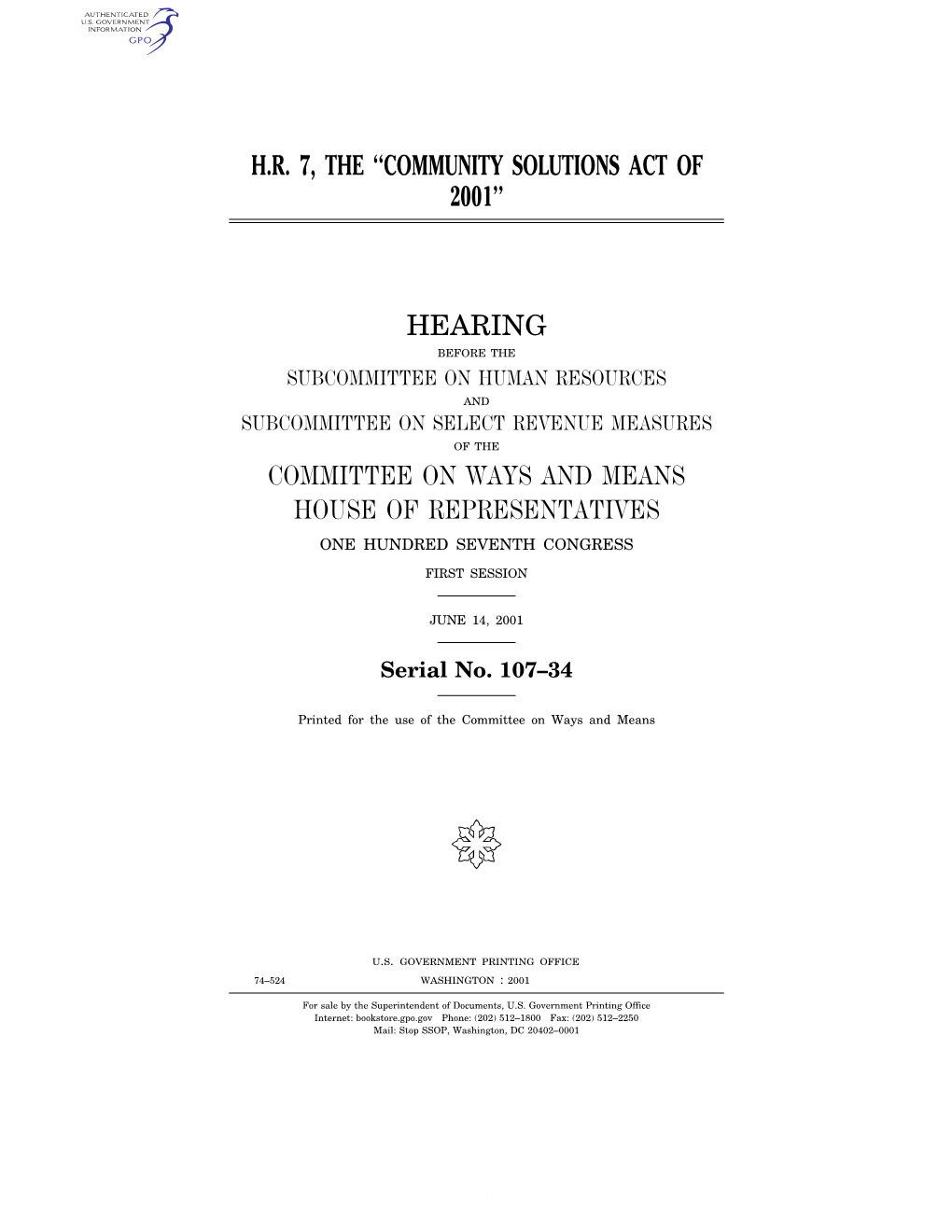 Hr 7, the ''Community Solutions Act of 2001'