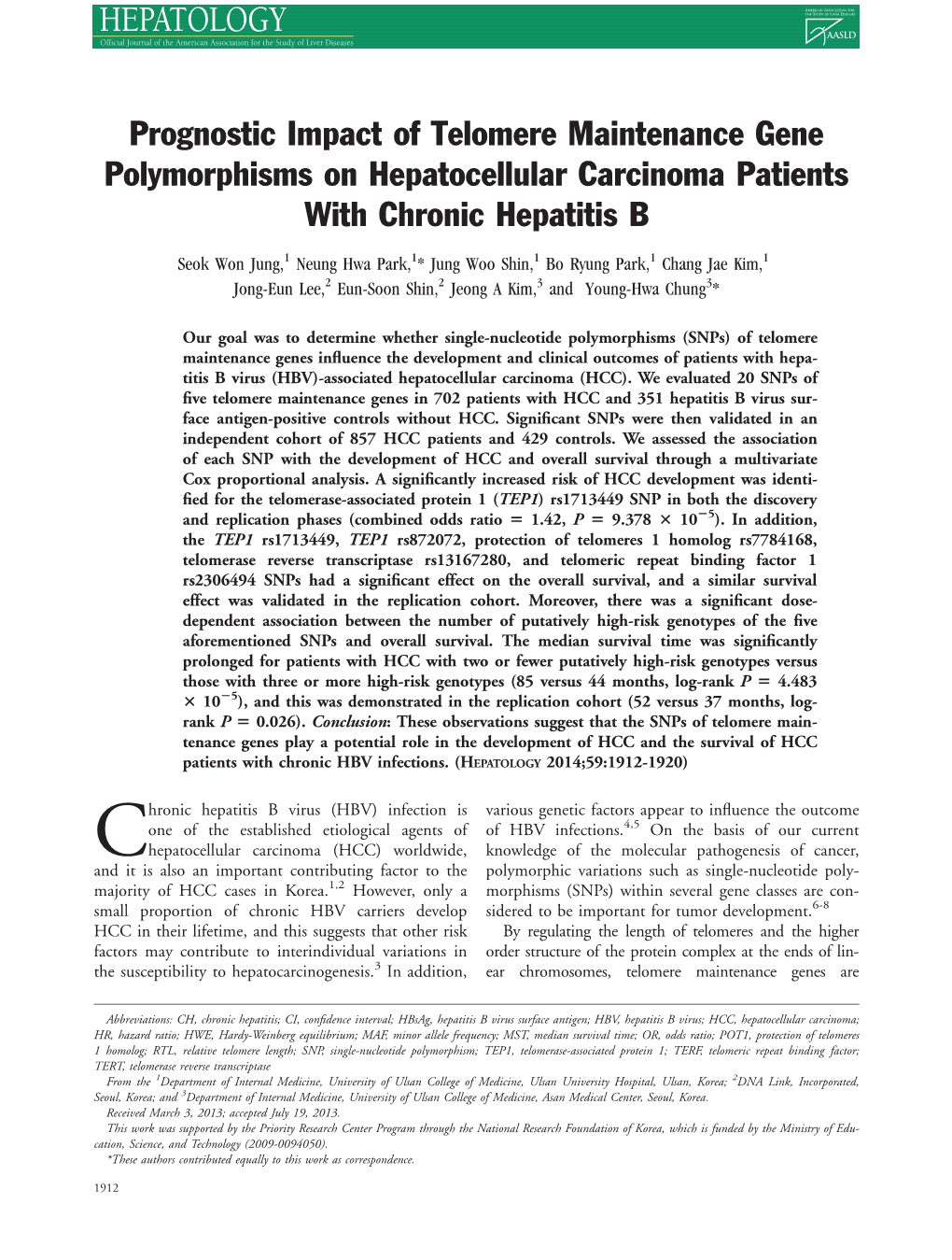 Prognostic Impact of Telomere Maintenance Gene Polymorphisms on Hepatocellular Carcinoma Patients with Chronic Hepatitis B