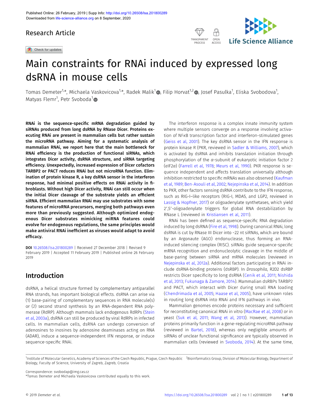 Main Constraints for Rnai Induced by Expressed Long Dsrna in Mouse Cells