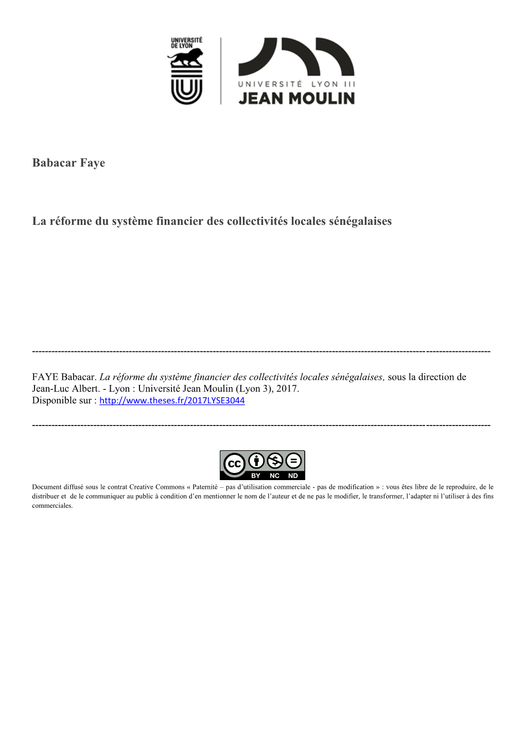 Babacar Faye La Réforme Du Système Financier Des Collectivités Locales