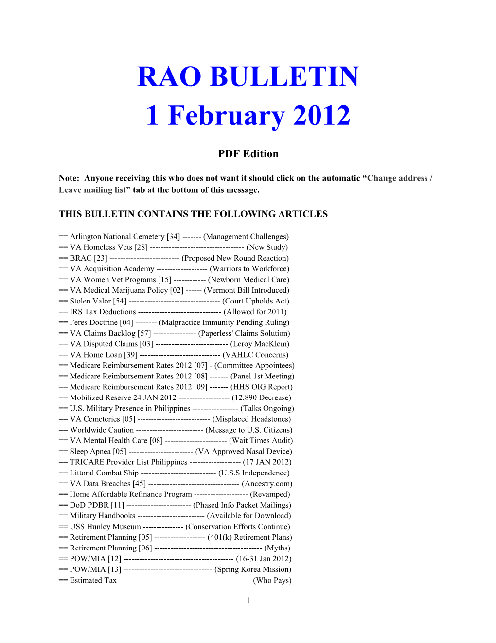 RAO BULLETIN 1 February 2012