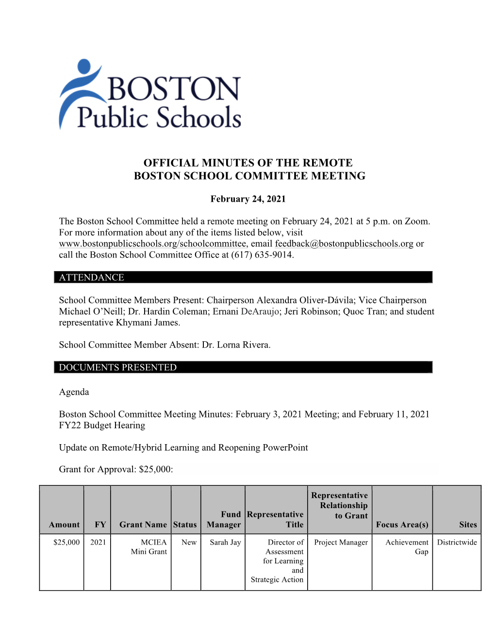 Official Minutes of the Remote Boston School Committee Meeting