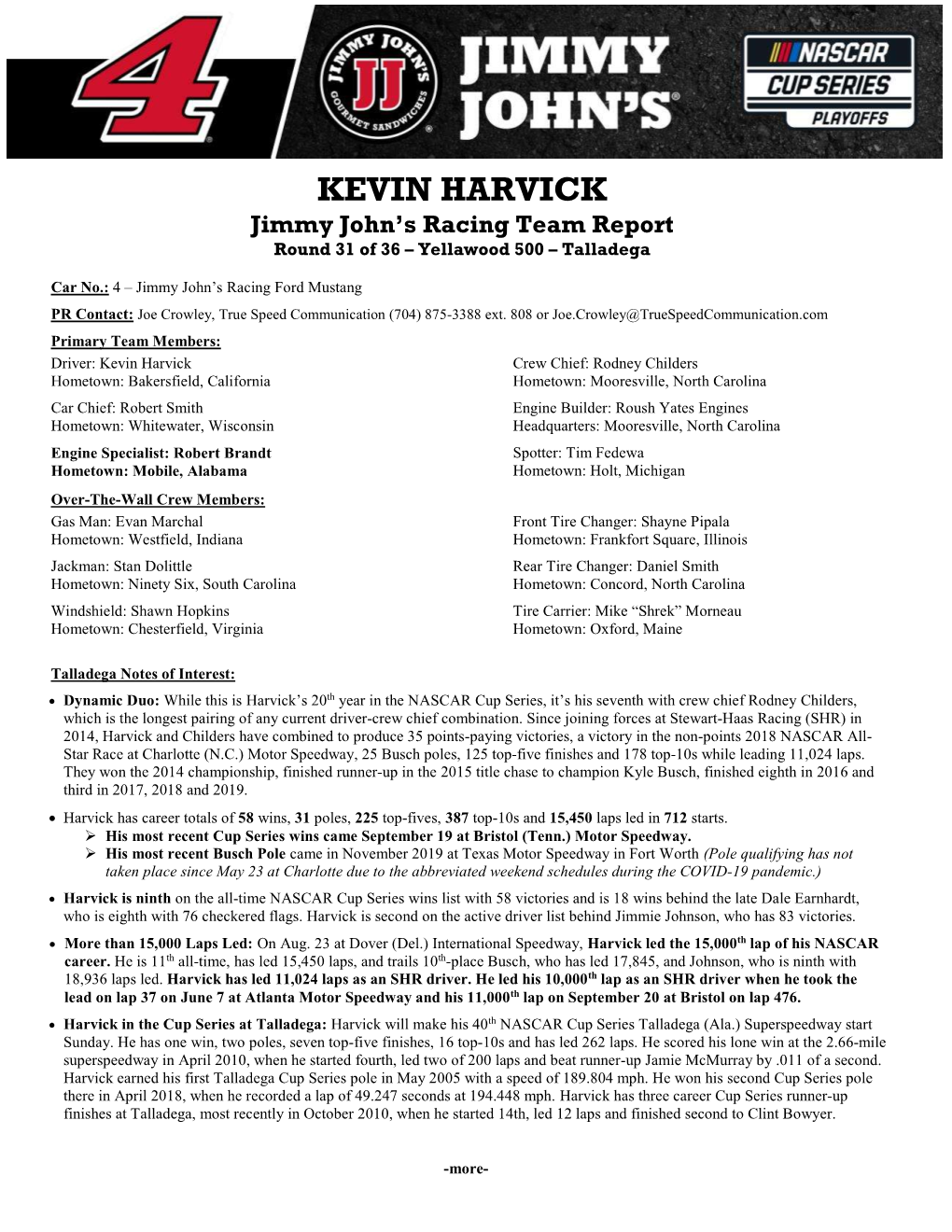 KEVIN HARVICK Jimmy John’S Racing Team Report Round 31 of 36 – Yellawood 500 – Talladega