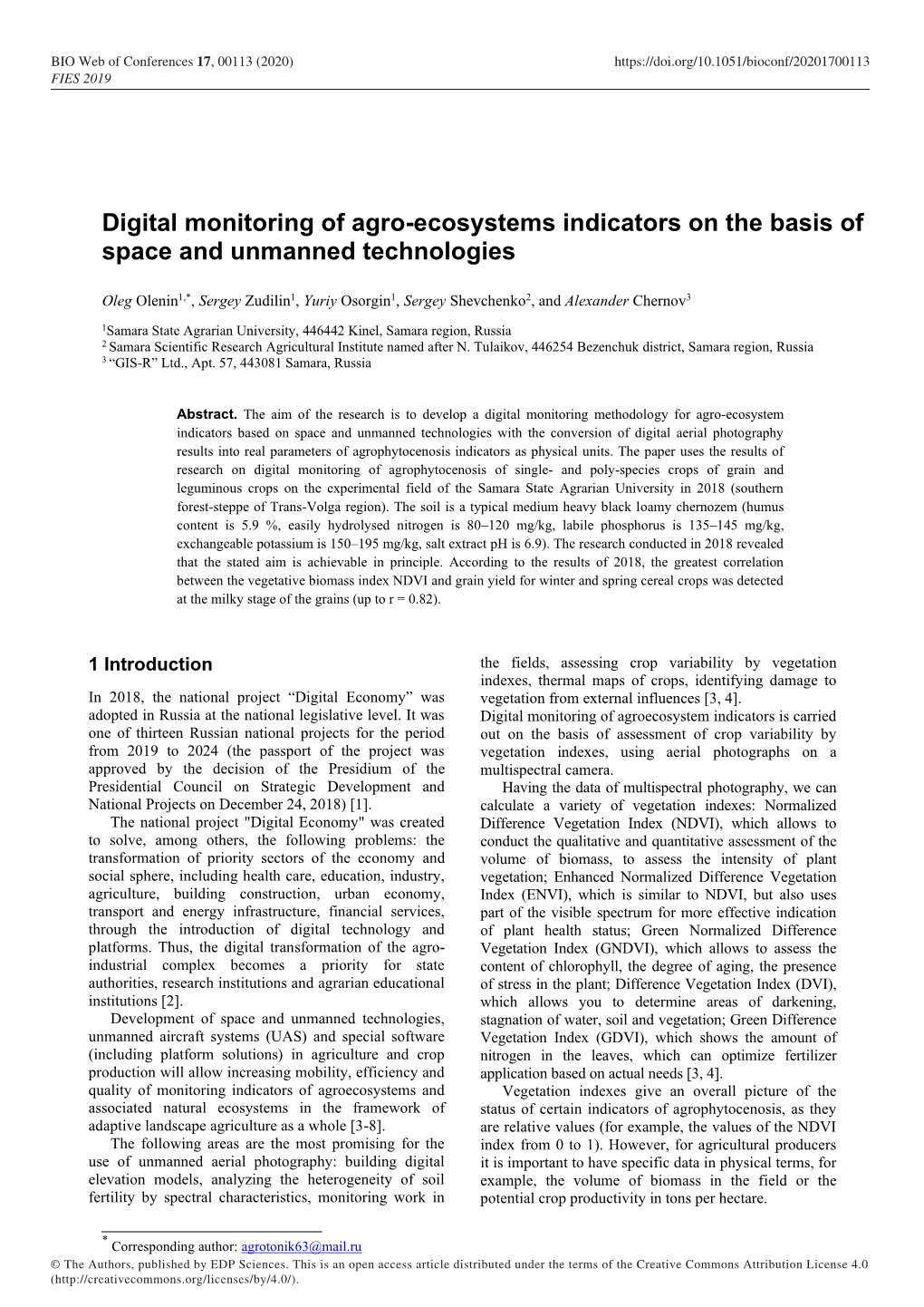 Digital Monitoring of Agro-Ecosystems Indicators on the Basis of Space and Unmanned Technologies