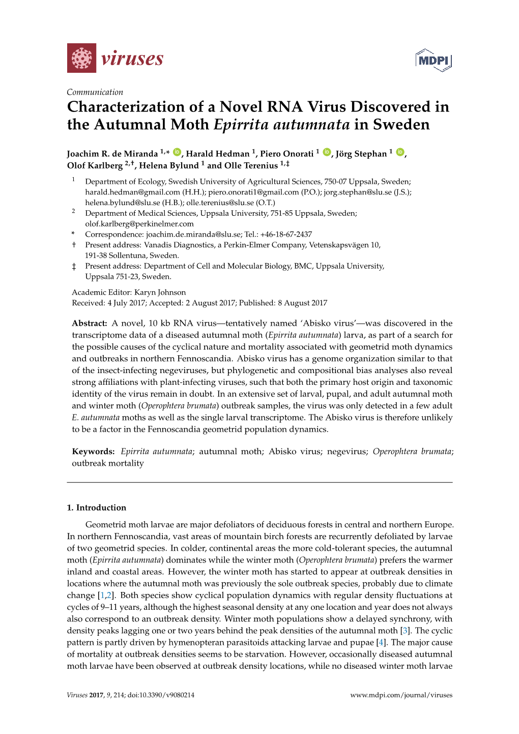 Characterization of a Novel RNA Virus Discovered in the Autumnal Moth Epirrita Autumnata in Sweden