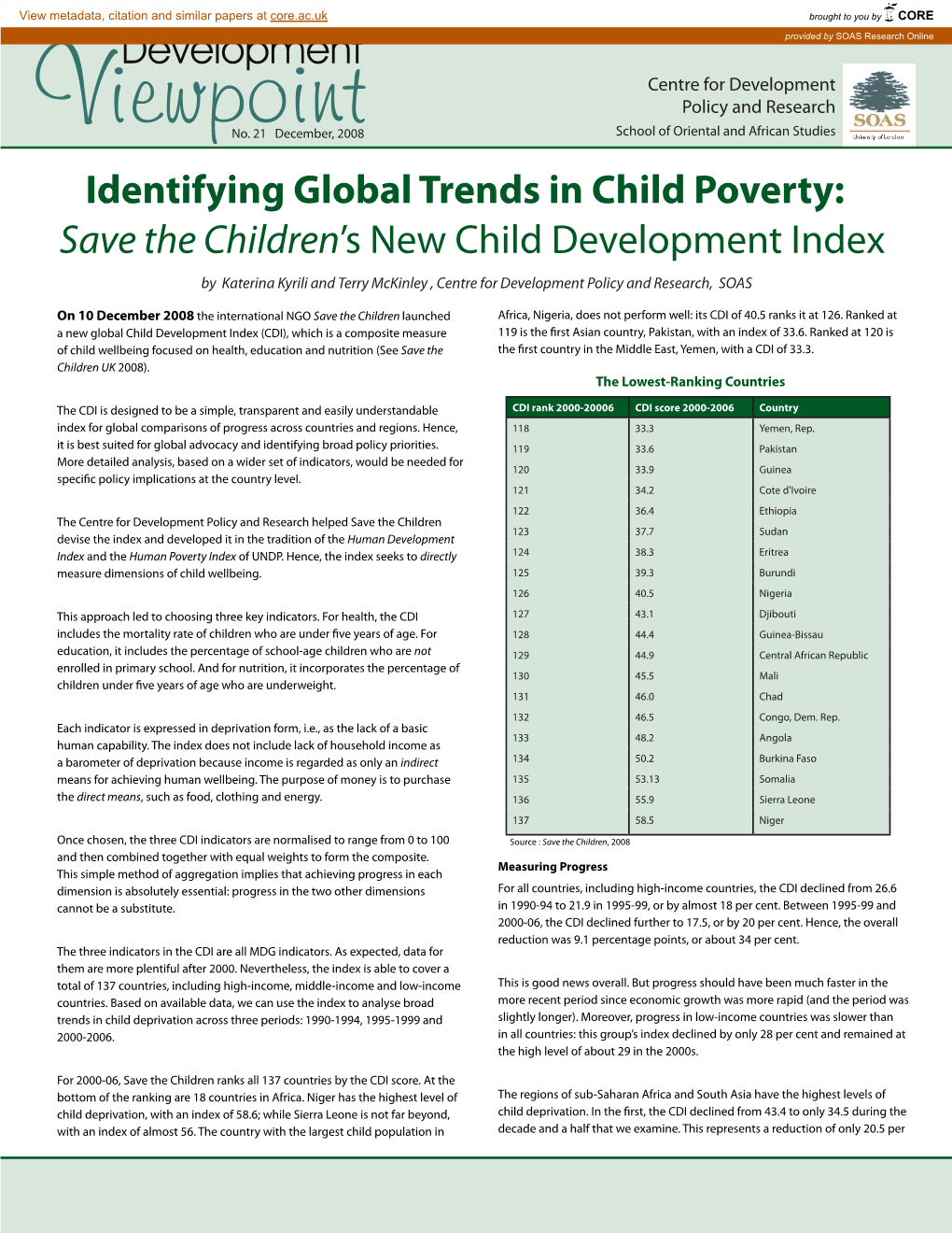 Identifying Global Trends in Child Poverty: Save the Children's New