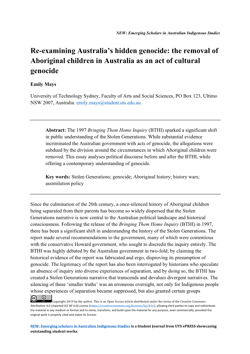 The Removal of Aboriginal Children in Australia As an Act of Cultural Genocide