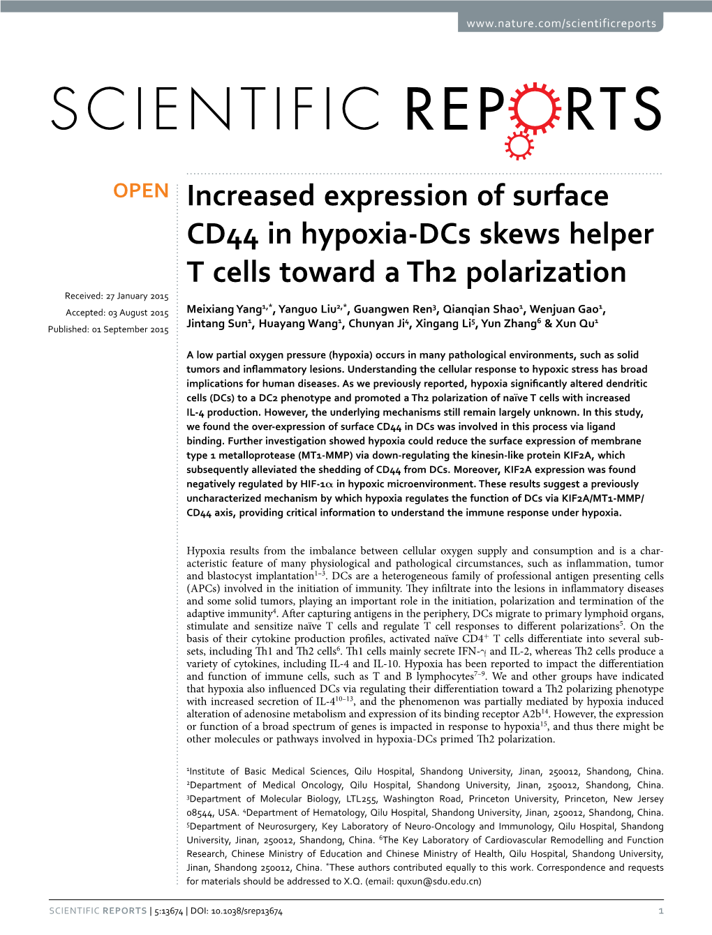 Increased Expression of Surface CD44 in Hypoxia-Dcs Skews Helper T