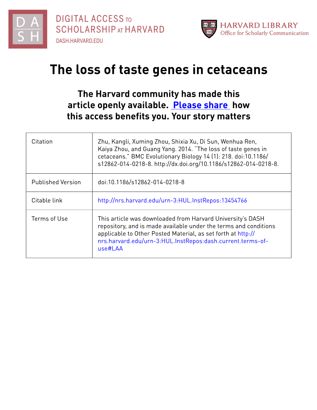 The Loss of Taste Genes in Cetaceans