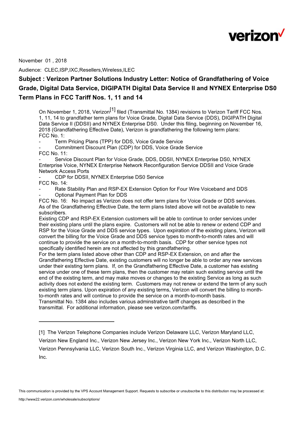 Verizon Partner Solutions Industry Letter: Notice of Grandfathering Of