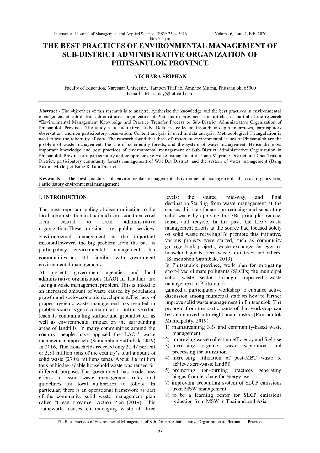 The Best Practices of Environmental Management of Sub-District Administrative Organization of Phitsanulok Province