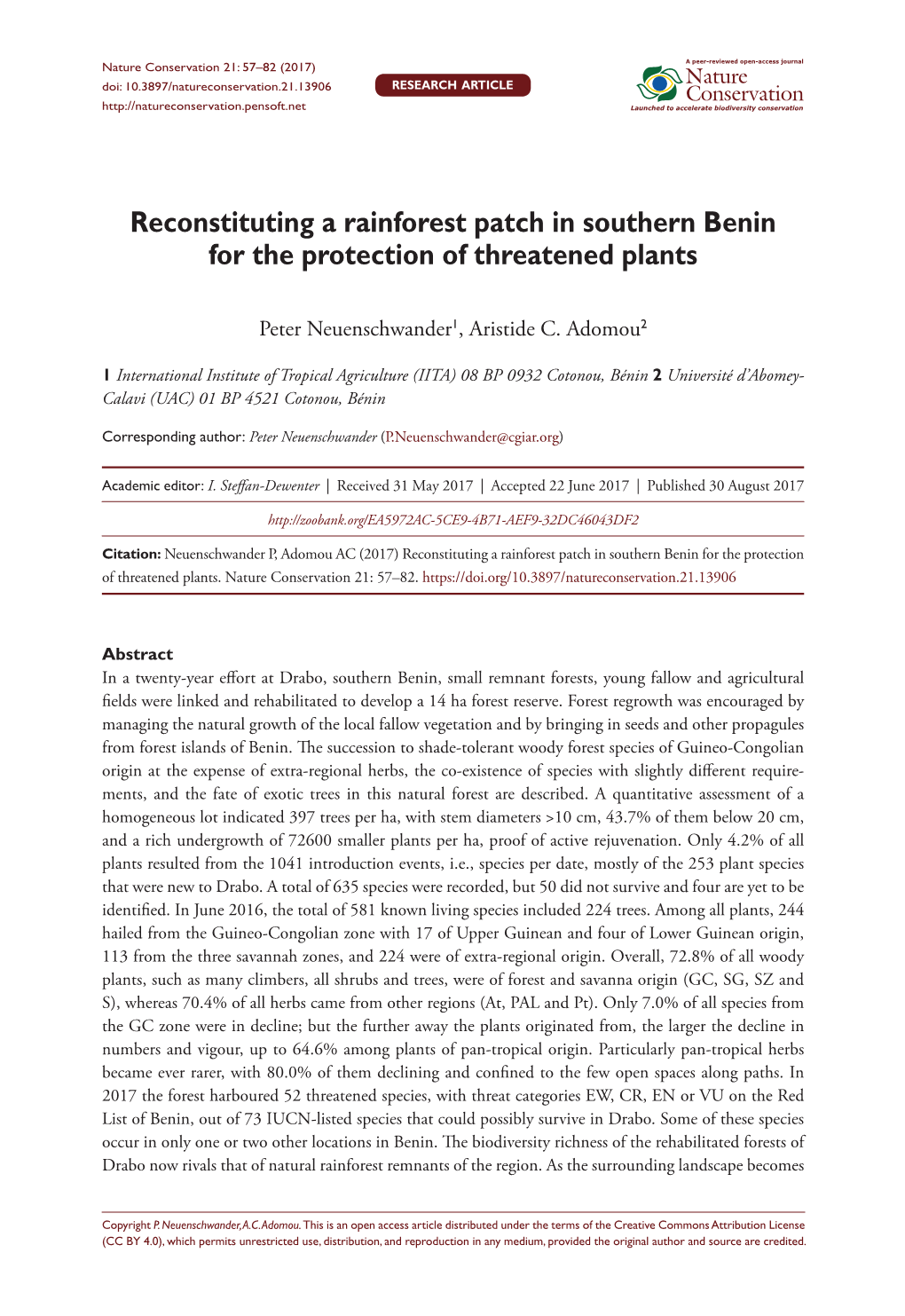 Reconstituting a Rainforest Patch in Southern Benin for the Protection of Threatened Plants