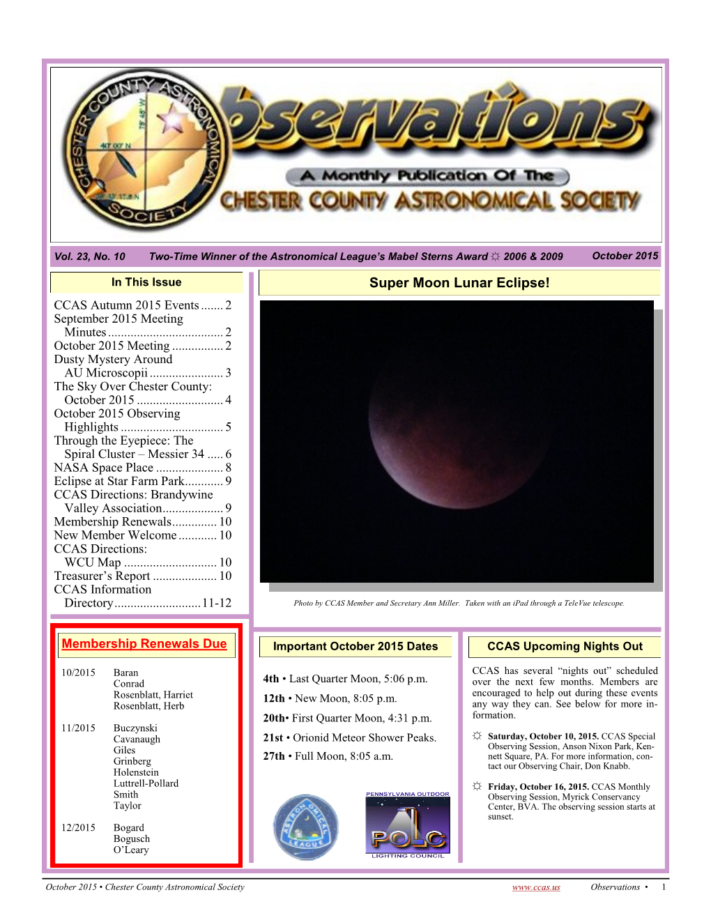 Super Moon Lunar Eclipse! CCAS Autumn 2015 Events