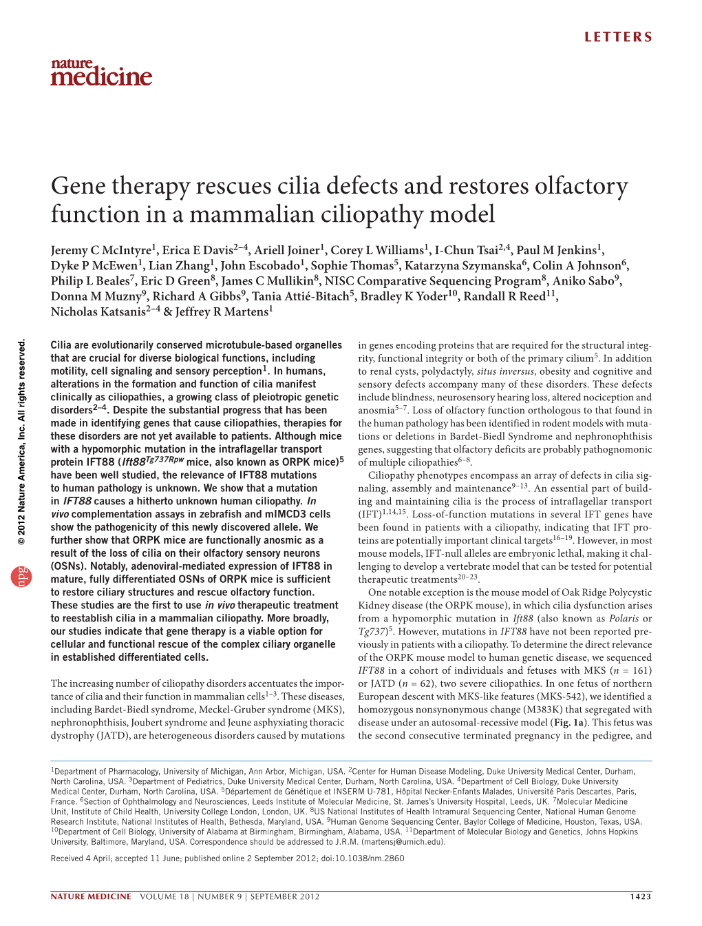 Gene Therapy Rescues Cilia Defects and Restores Olfactory Function in a Mammalian Ciliopathy Model