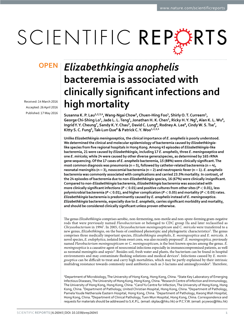 Elizabethkingia Anophelis Bacteremia Is Associated with Clinically