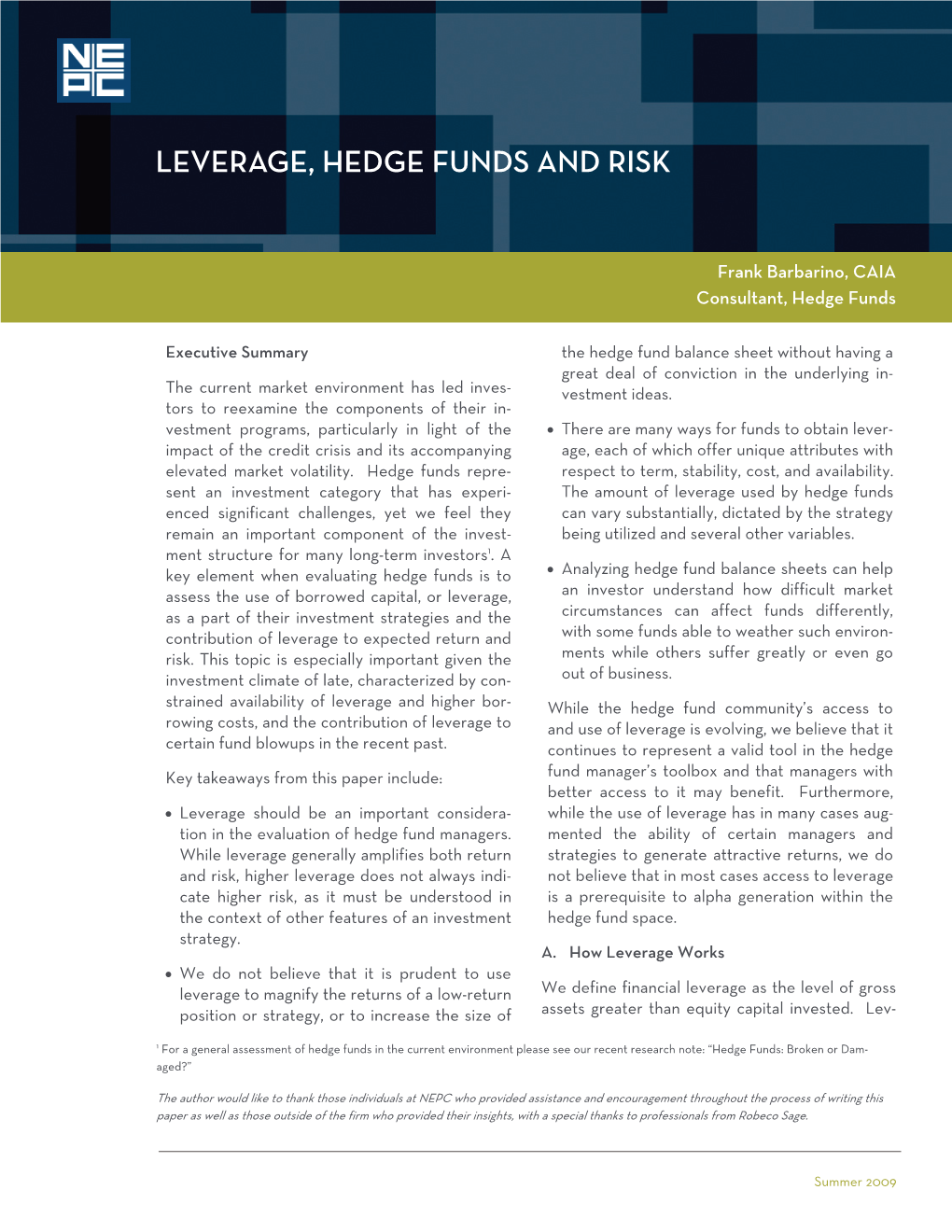 Leverage, Hedge Funds and Risk