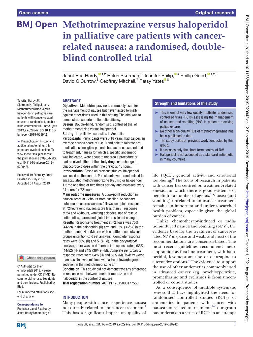 Methotrimeprazine Versus Haloperidol in Palliative Care Patients with Cancer- Related Nausea: a Randomised, Double- Blind Controlled Trial