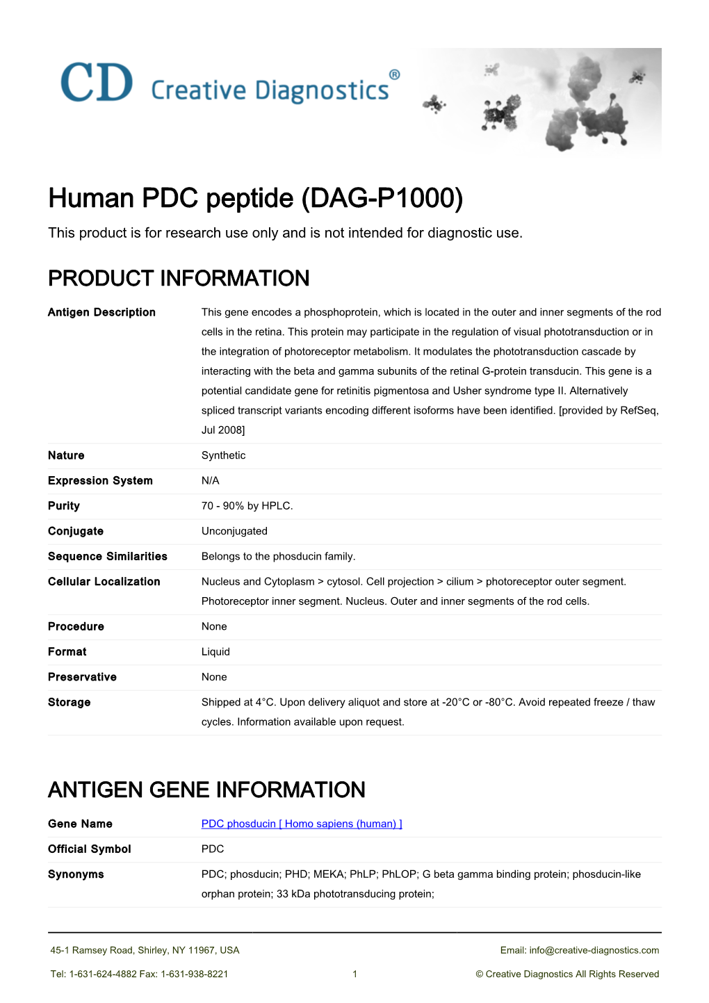 Human PDC Peptide (DAG-P1000) This Product Is for Research Use Only and Is Not Intended for Diagnostic Use