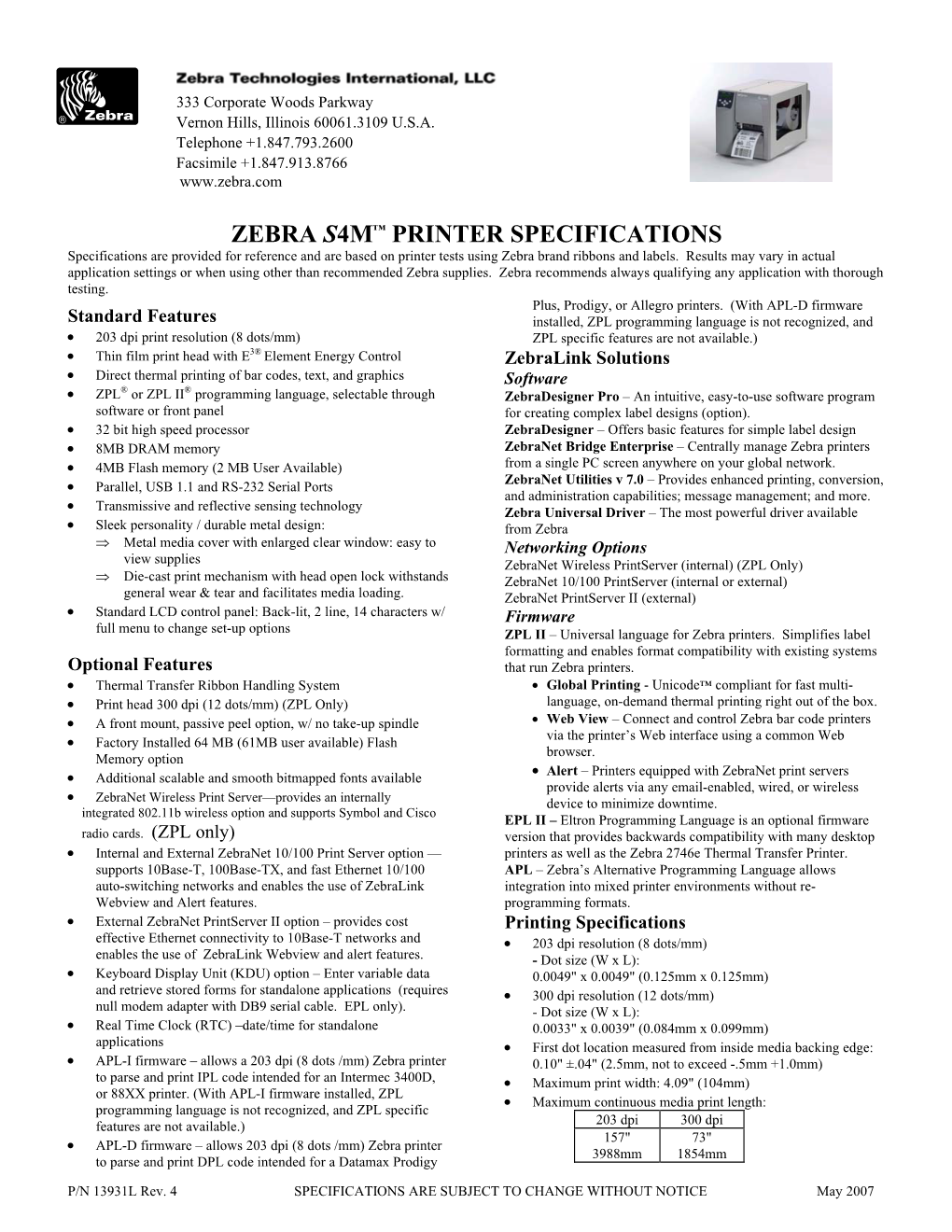 Zebra S4m™ Printer Specifications