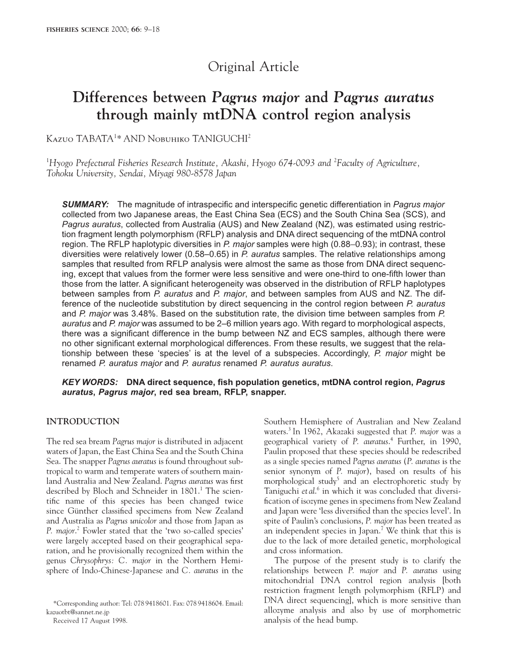 Differences Between Pagrus Major and Pagrus Auratus Through Mainly Mtdna Control Region Analysis