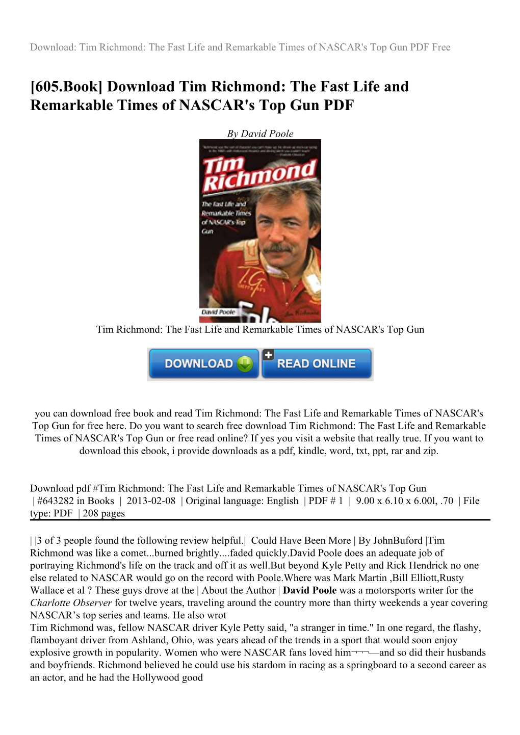 Download Tim Richmond: the Fast Life and Remarkable Times of NASCAR's Top Gun PDF