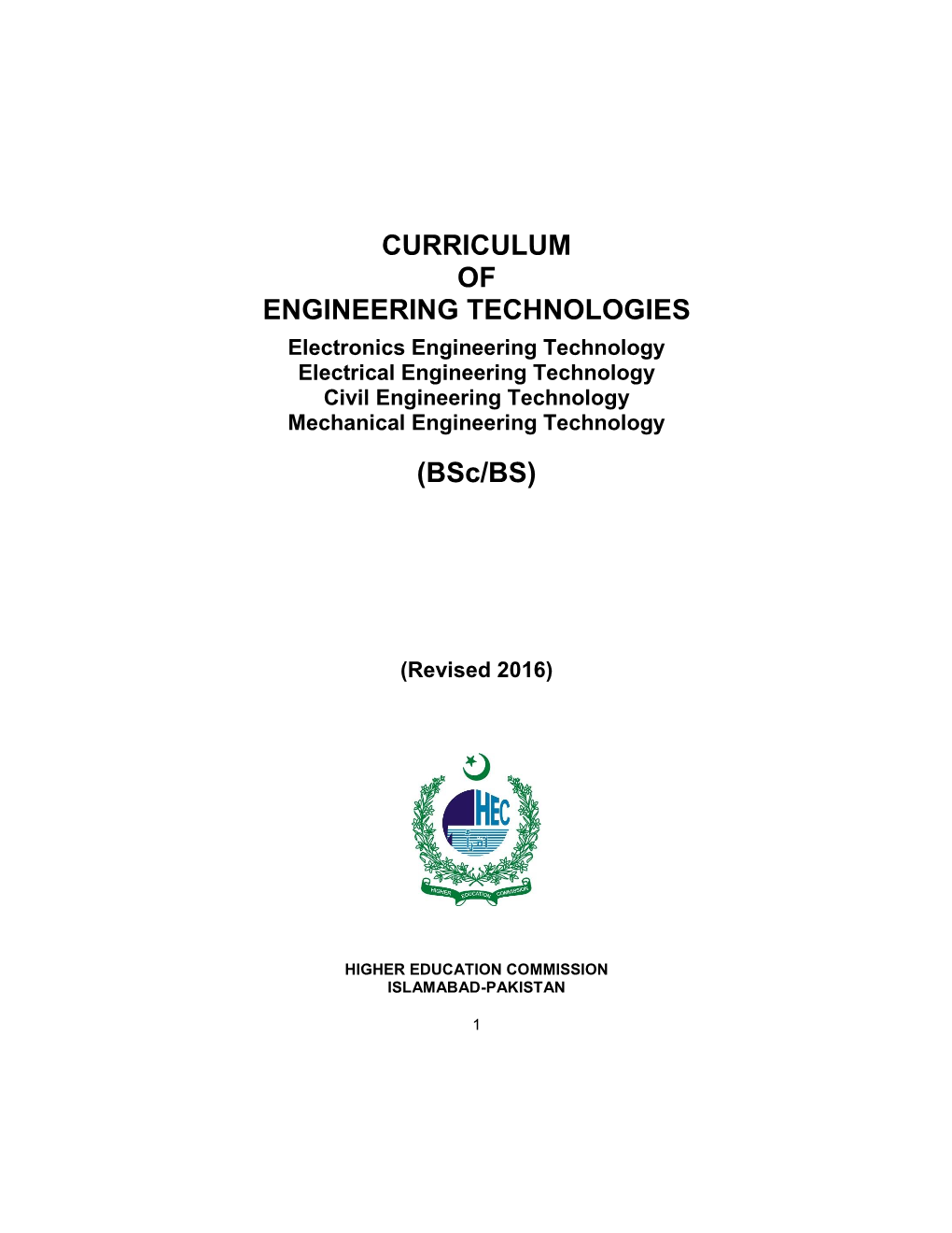 CURRICULUM of ENGINEERING TECHNOLOGIES (Bsc/BS)
