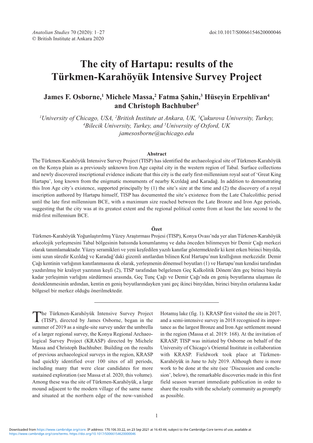 The City of Hartapu: Results of the Türkmen-Karahöyük Intensive Survey Project