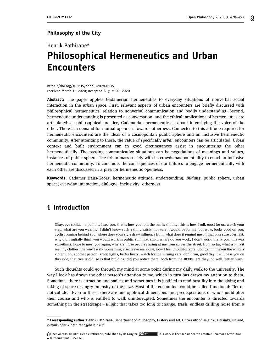 Philosophical Hermeneutics and Urban Encounters