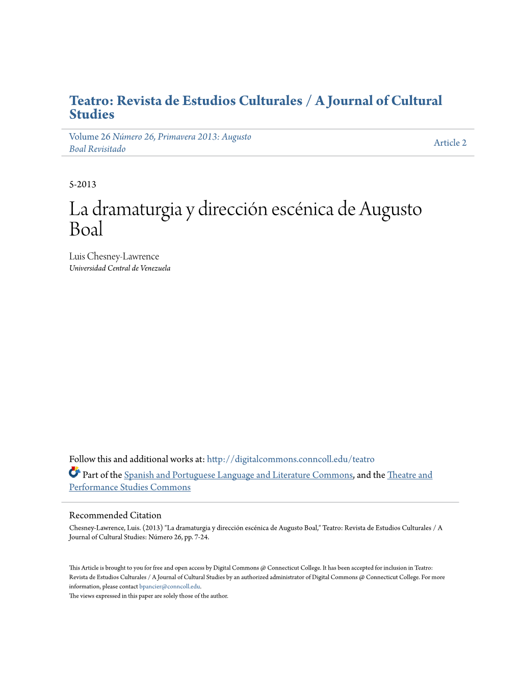 La Dramaturgia Y Dirección Escénica De Augusto Boal Luis Chesney-Lawrence Universidad Central De Venezuela