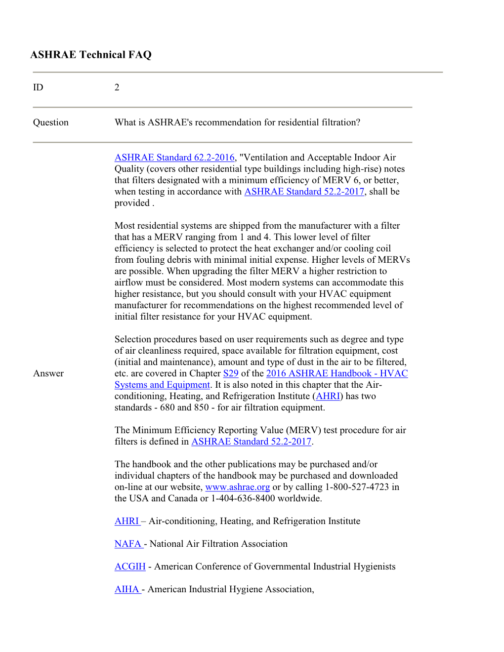 What Is ASHRAE's Recommendation for Residential Filtration?