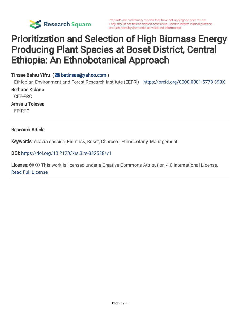 Prioritization and Selection of High Biomass Energy Producing Plant Species at Boset District, Central Ethiopia: an Ethnobotanical Approach