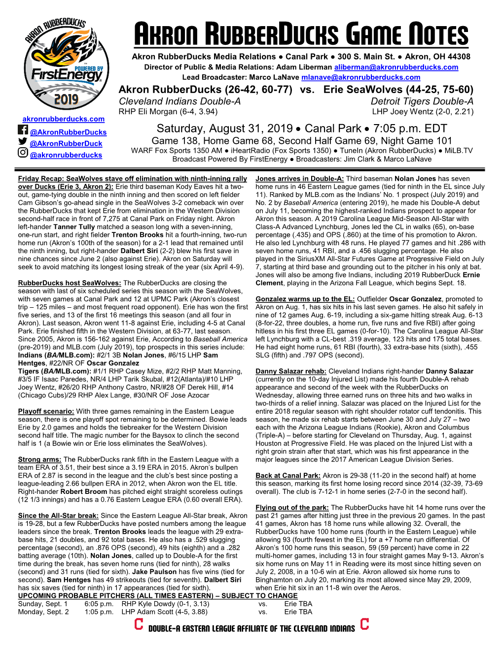 AKRON RUBBERDUCKS GAME NOTES Akron Rubberducks Media Relations ● Canal Park ● 300 S