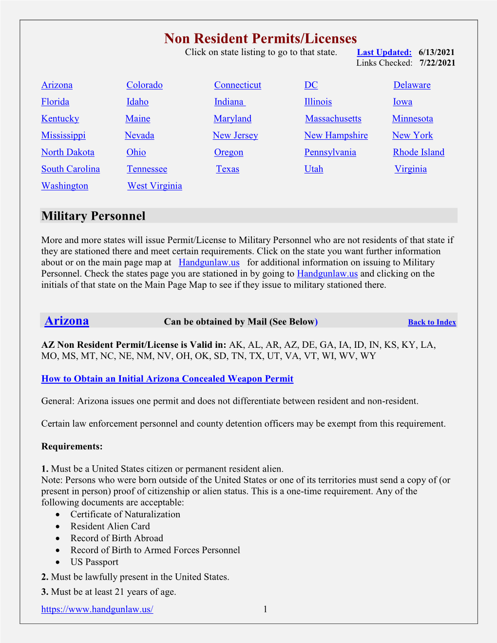 Non Resident Permits/Licenses Click on State Listing to Go to That State