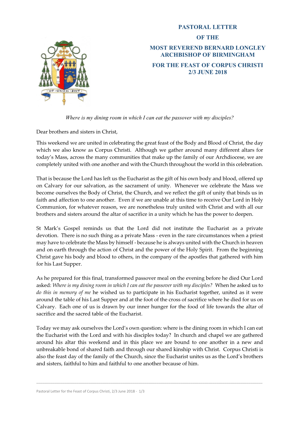 Pastoral Letter of the Most Reverend Bernard Longley