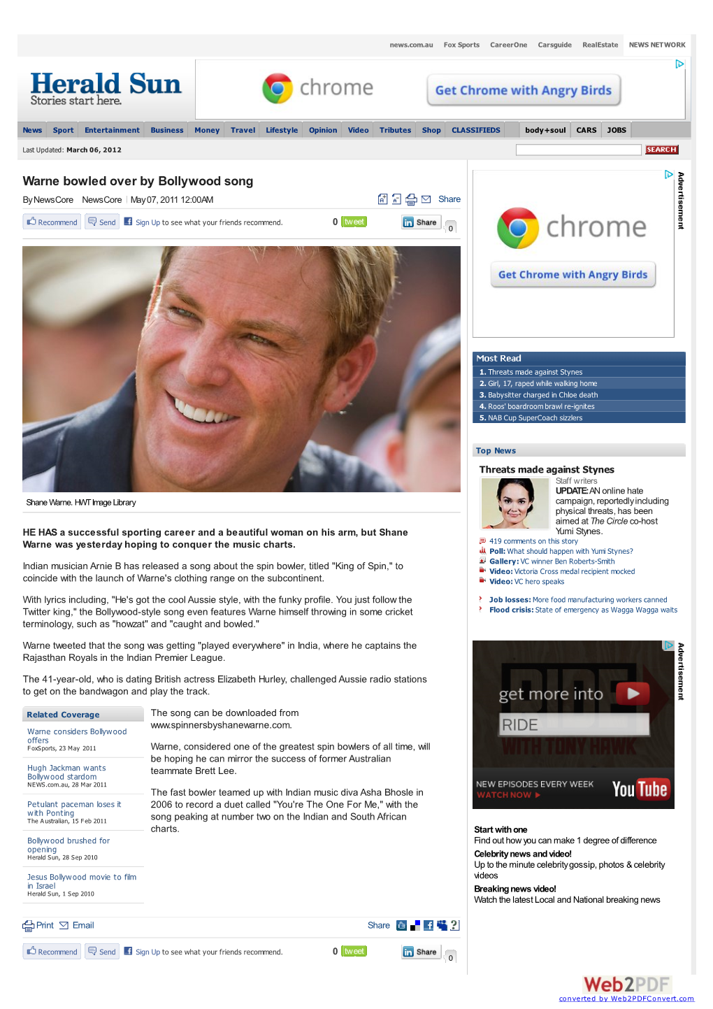 Warne Bowled Over by Bollywood Song | Herald