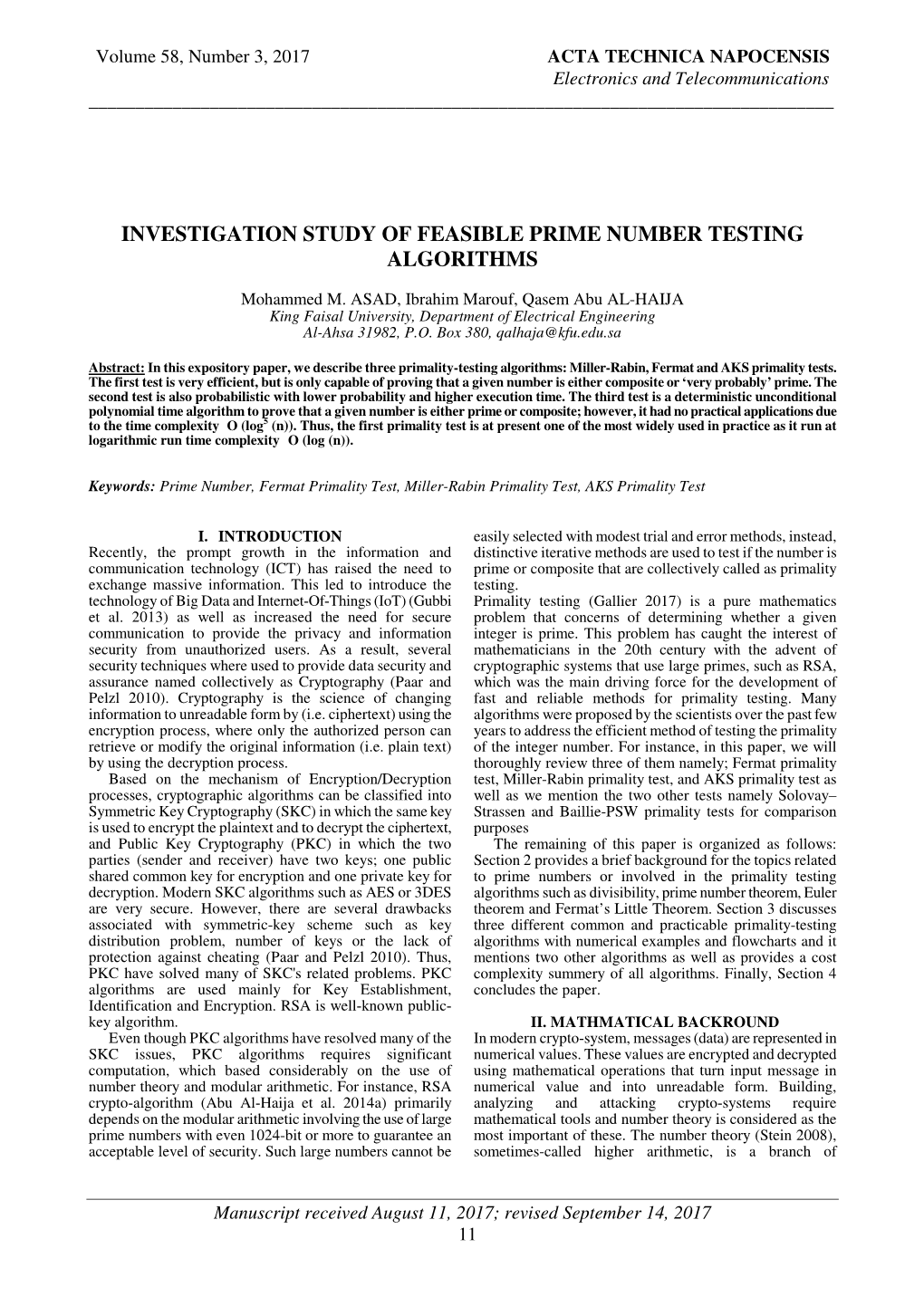 Investigation Study of Feasible Prime Number Testing Algorithms