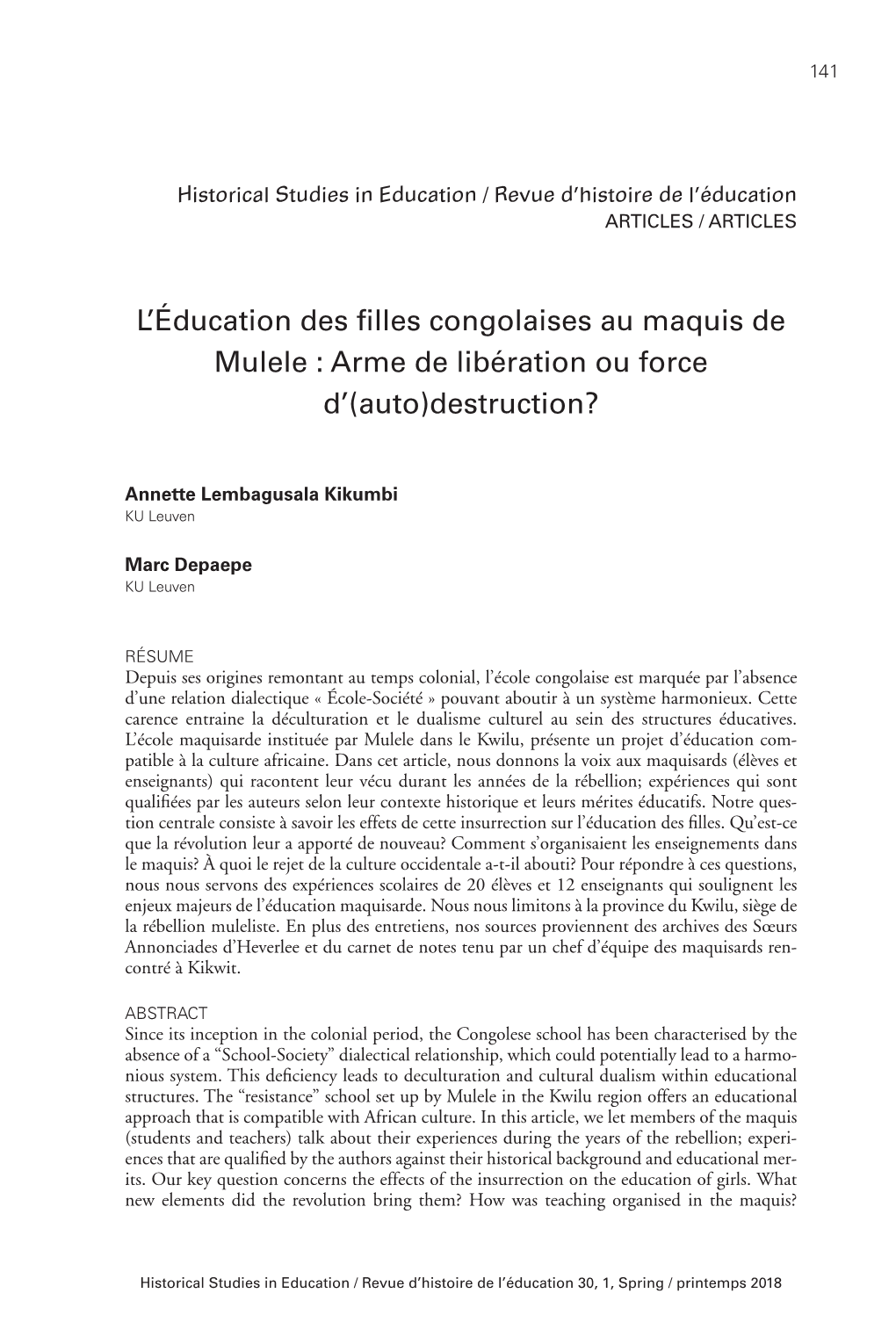 L'éducation Des Filles Congolaises Au Maquis De Mulele