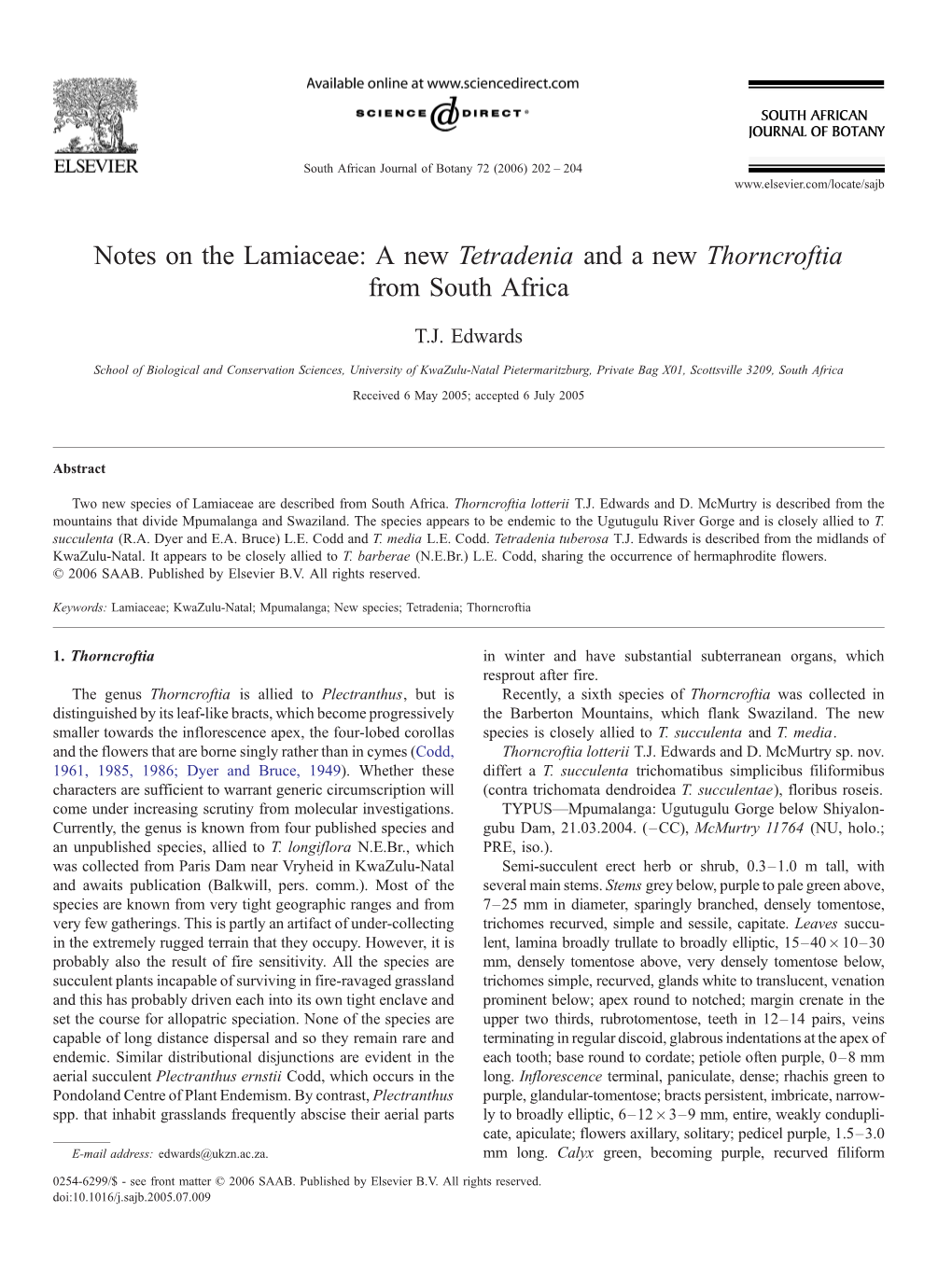 Notes on the Lamiaceae: a New Tetradenia and a New Thorncroftia from South Africa