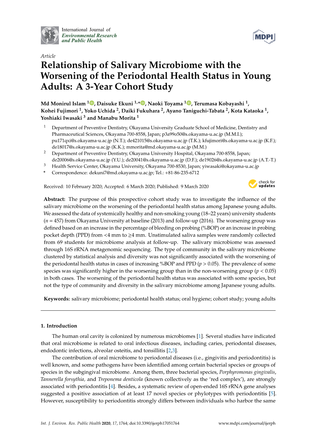 Relationship of Salivary Microbiome with the Worsening of the Periodontal Health Status in Young Adults: a 3-Year Cohort Study