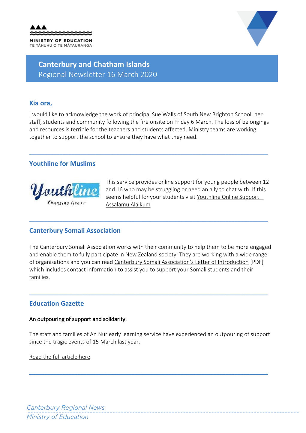 Canterbury Education Newsletter 16 March 2020