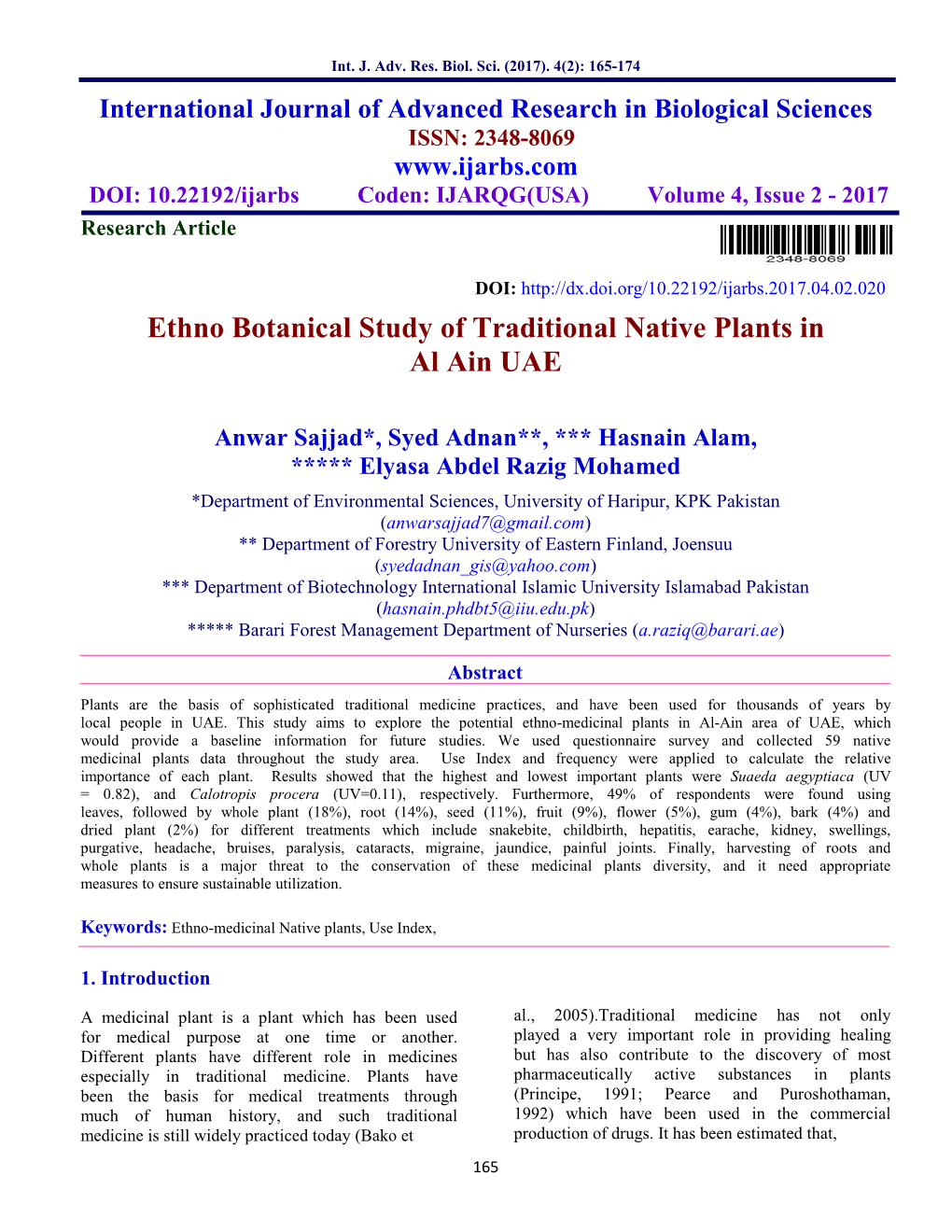 Ethno Botanical Study of Traditional Native Plants in Al Ain UAE