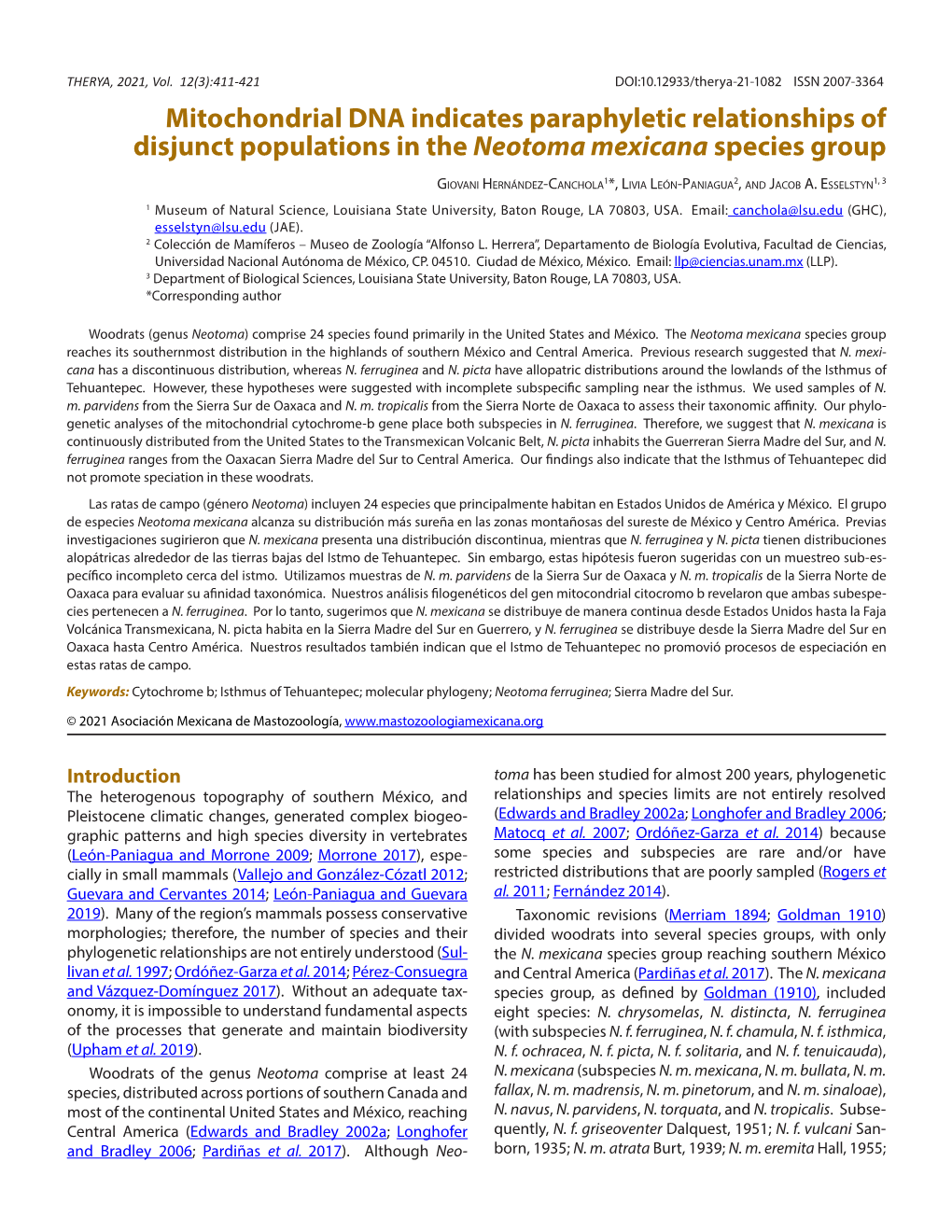 Mitochondrial DNA Indicates Paraphyletic Relationships of Disjunct Populations in the Neotoma Mexicana Species Group