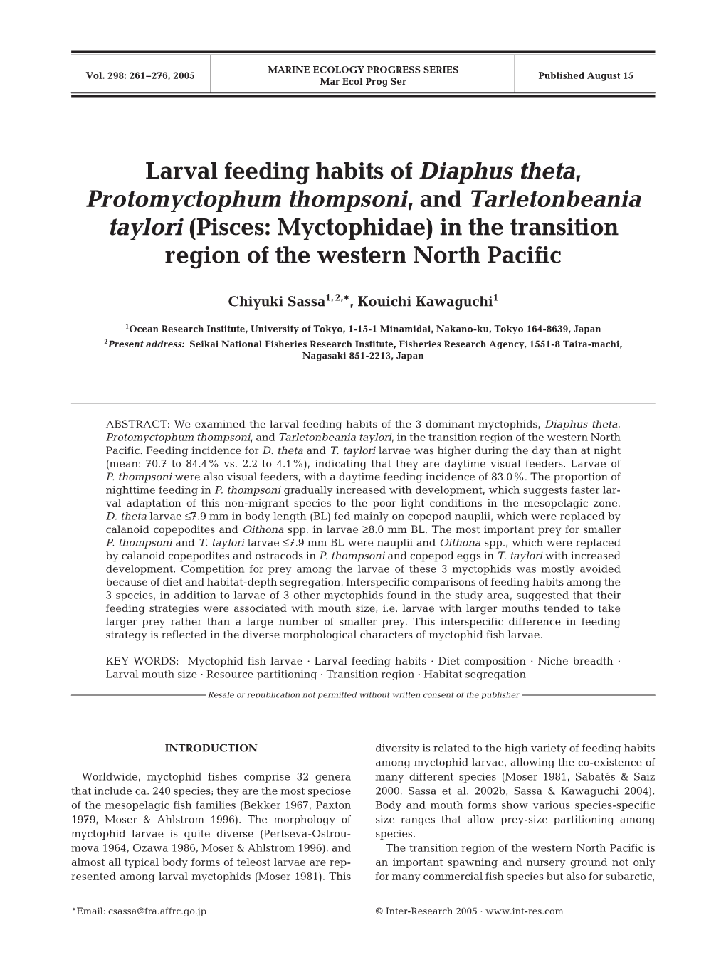 Larval Feeding Habits of Diaphus Theta, Protomyctophum Thompsoni