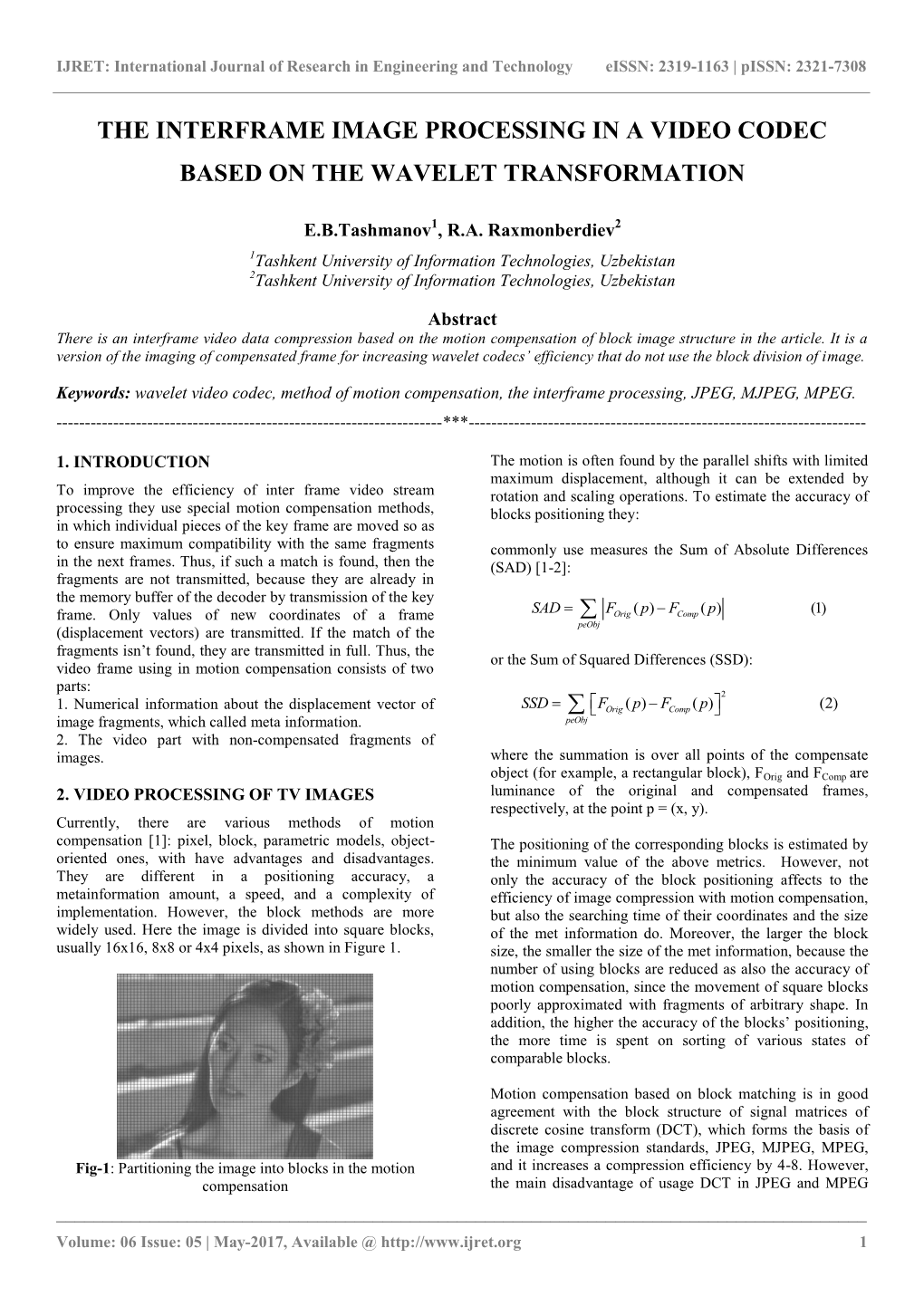 The Interframe Image Processing in a Video Codec Based on the Wavelet Transformation