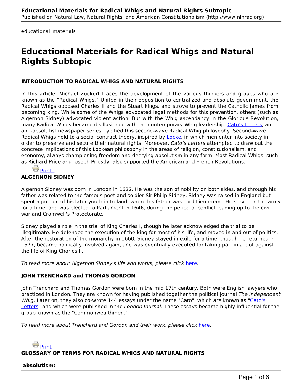Educational Materials for Radical Whigs and Natural Rights Subtopic