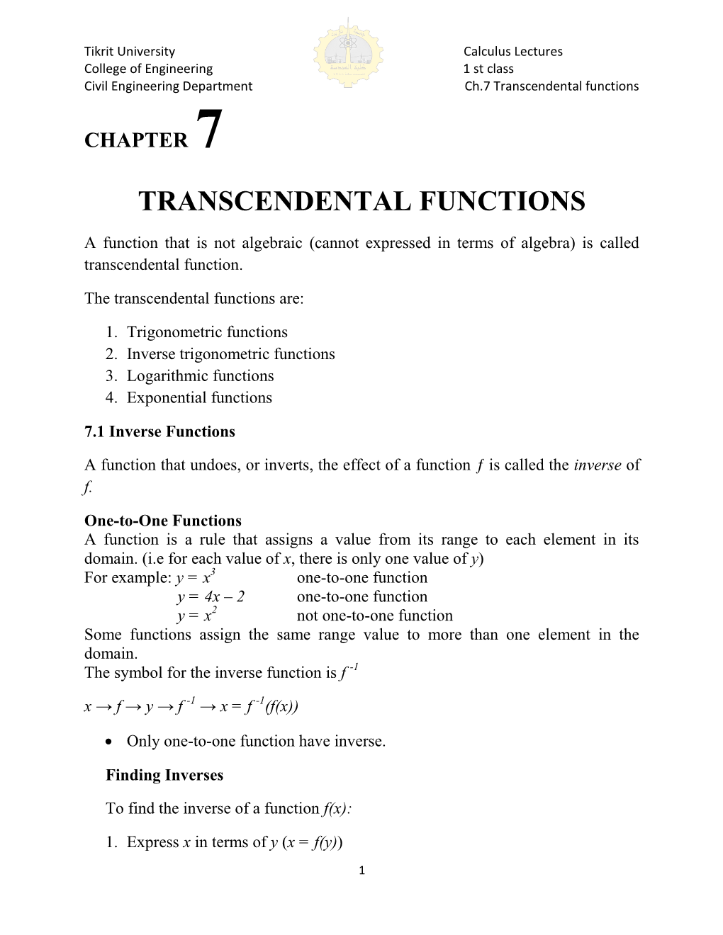 Transcendental Functions